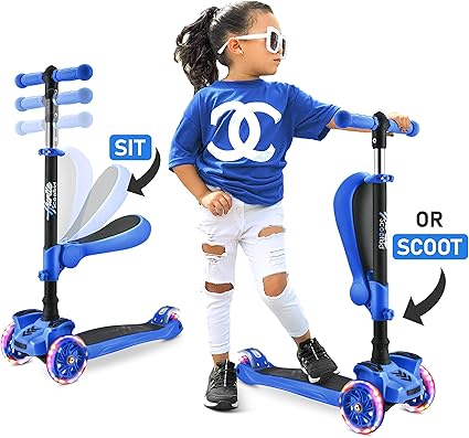 Amazon.com: Hurtle - Patinete de 3 ruedas para niños, luces LED para ruedas, manillar ajustable de inclinación a nivel, y asiento plegable, para sentarse o montar de pie con freno, regalo perfecto