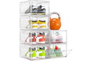 Thicken & Sturdy Clear Shoe Storage Organizer with Magnetic Door, Stackable Boxes for Closet, Foldable Space-Saving Shoe Rack