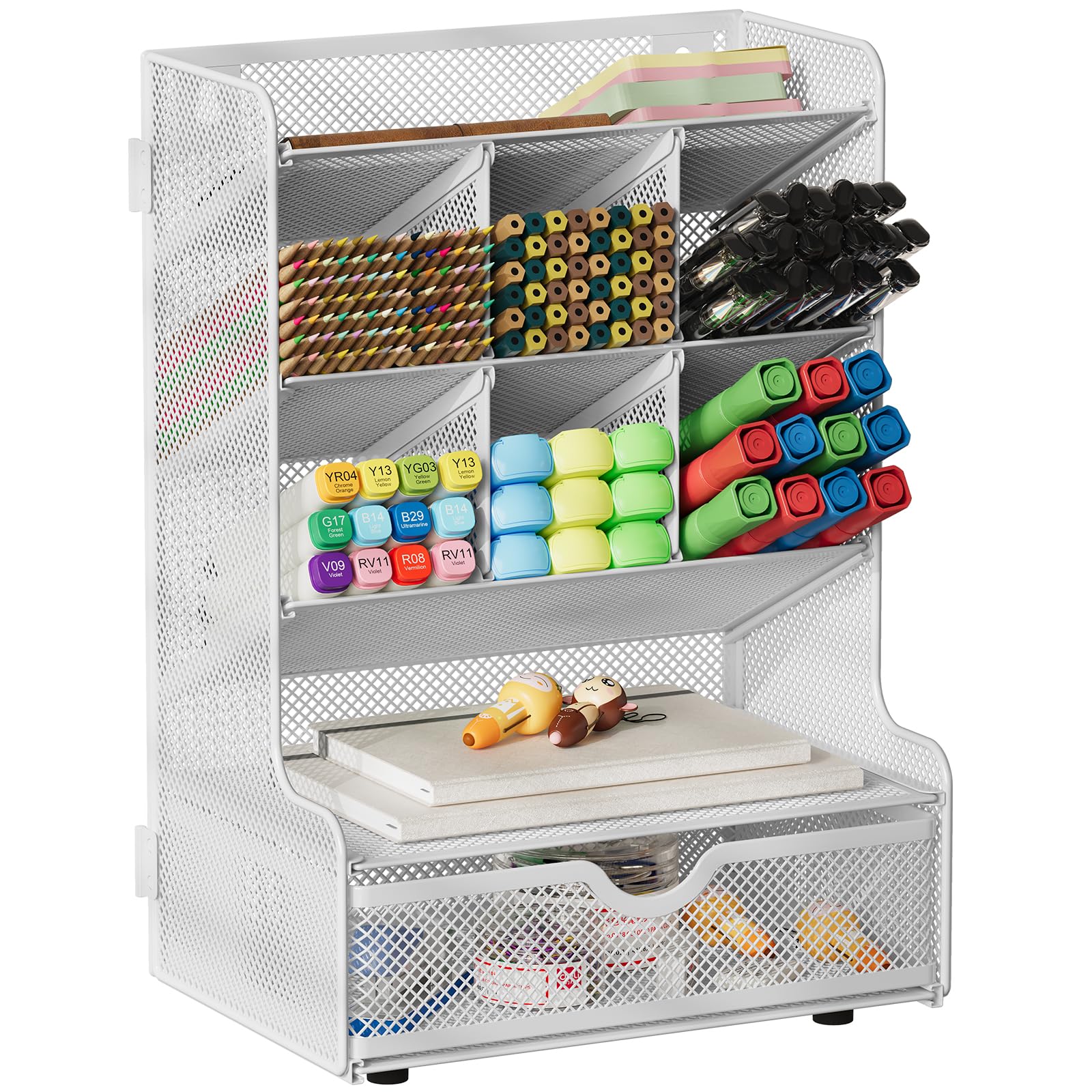 EasyPAG 4 Tier Mesh Desk Tidy Pen Storage Assemble Pencil Holder Desktop Versatile Stationery Organiser with Drawer,White