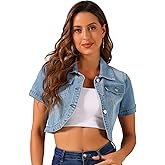 Allegra K Casual Denim Jacket for Women's Turndown Collar Short Sleeves Crop Jean Jackets