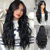 LEOSA Black Wig for Women,Long Wavy Layered Wig with Curtain Bangs 26 Inch Middle Part Curly Wavy Synthetic Wig for Daily Party Use,Natural Black