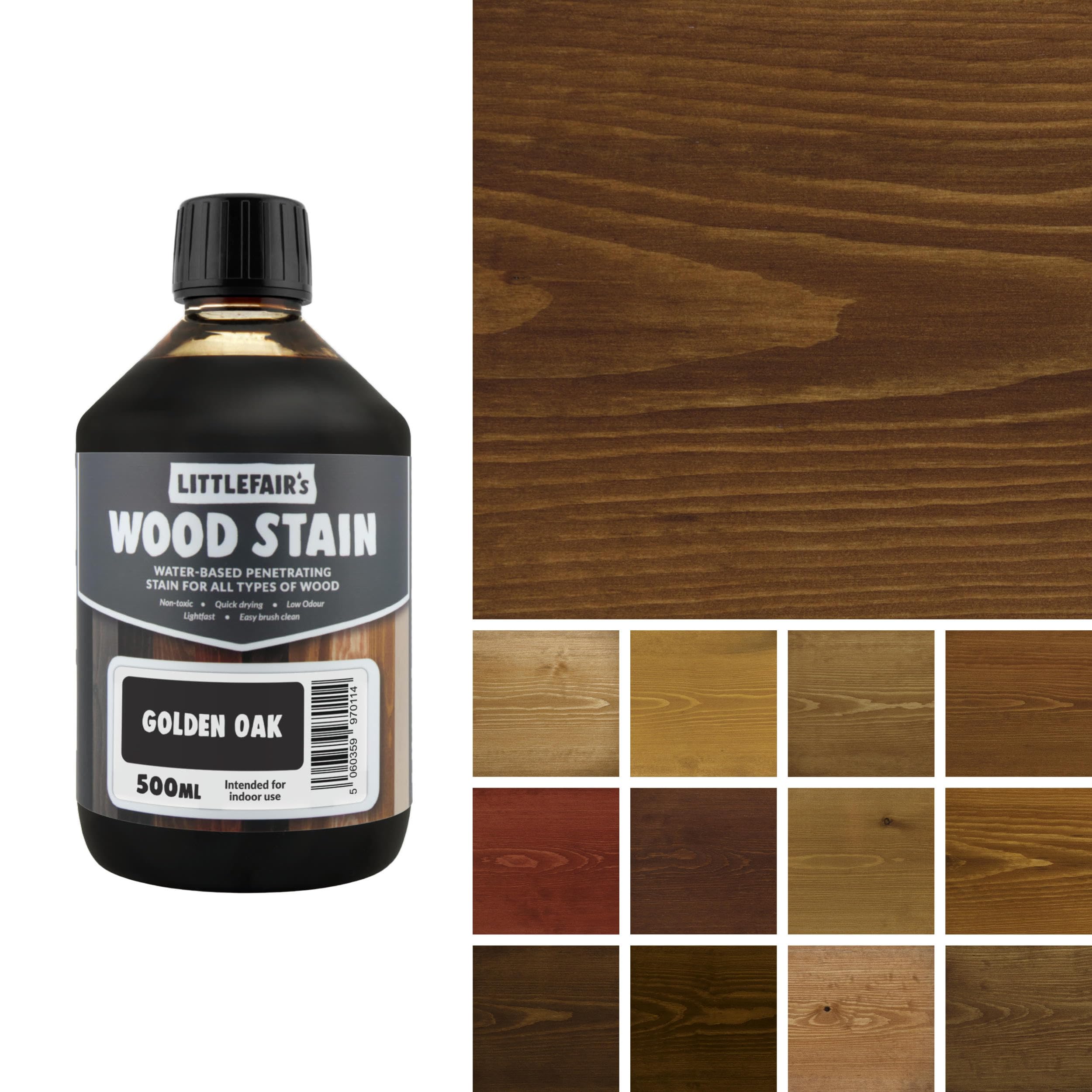 Littlefair's Wood Stain Water-Based - (Golden Oak) – Non-Toxic, Eco-Friendly & Quick Drying - Easy-to-Apply, Concentrated Formula for All Wood Types – 500ml