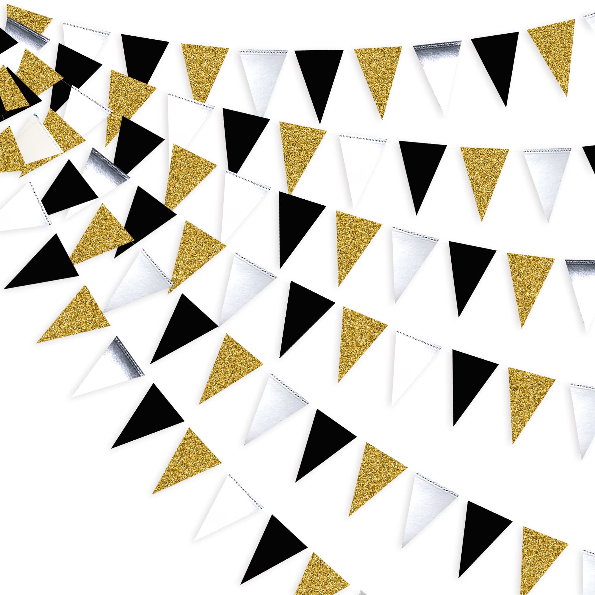 30 Feet Double Sided Glitter Paper Triangle Flag,Bunting Pennant Banner for Birthday Holiday Wedding Anniversary Graduation Theme Christmas Party Supplies Decorations.(Gold+Mirror-like silver+Black) — image 1