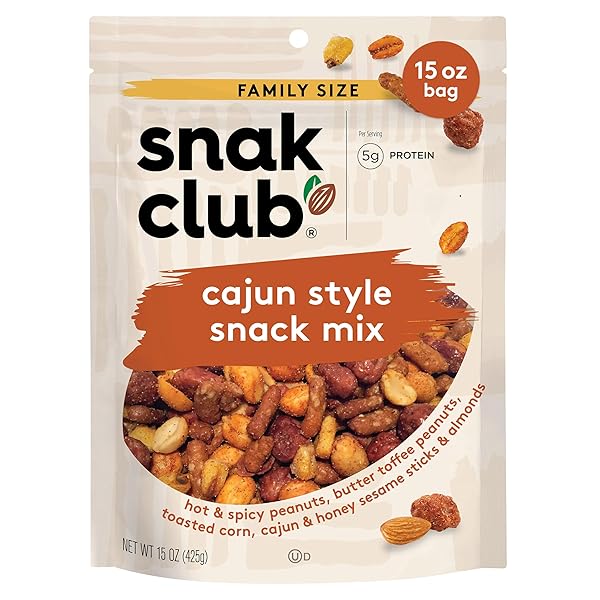 SNAK CLUB CAJUN STYLE SNACK MIX WITH HOT AND SPICY PEANUTS, BUTTER TOFFEE PEANUTS, TOASTED CORN, CAJUN AND HONEY SESAME STICKS, AND ALMONDS, KOSHER TRAIL MIX SNACKS, 15 OZ RESEALABLE BAG