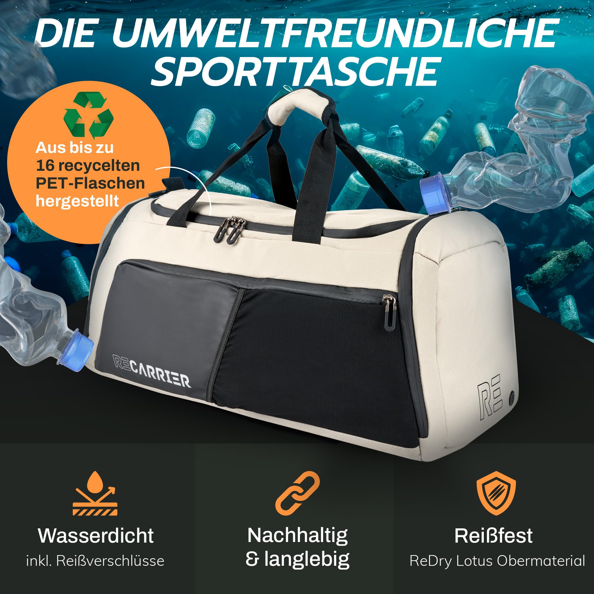 RECARRIER Sporttasche [RECYCELTES PET] 50L –Gym Bag und Rucksack in Einem –wasserdichte Trainingstasche Herren Damen –Sportrucksack wasserdicht mit Schuhfach Fitness, Reisetasche groß (Savanna beige) 2