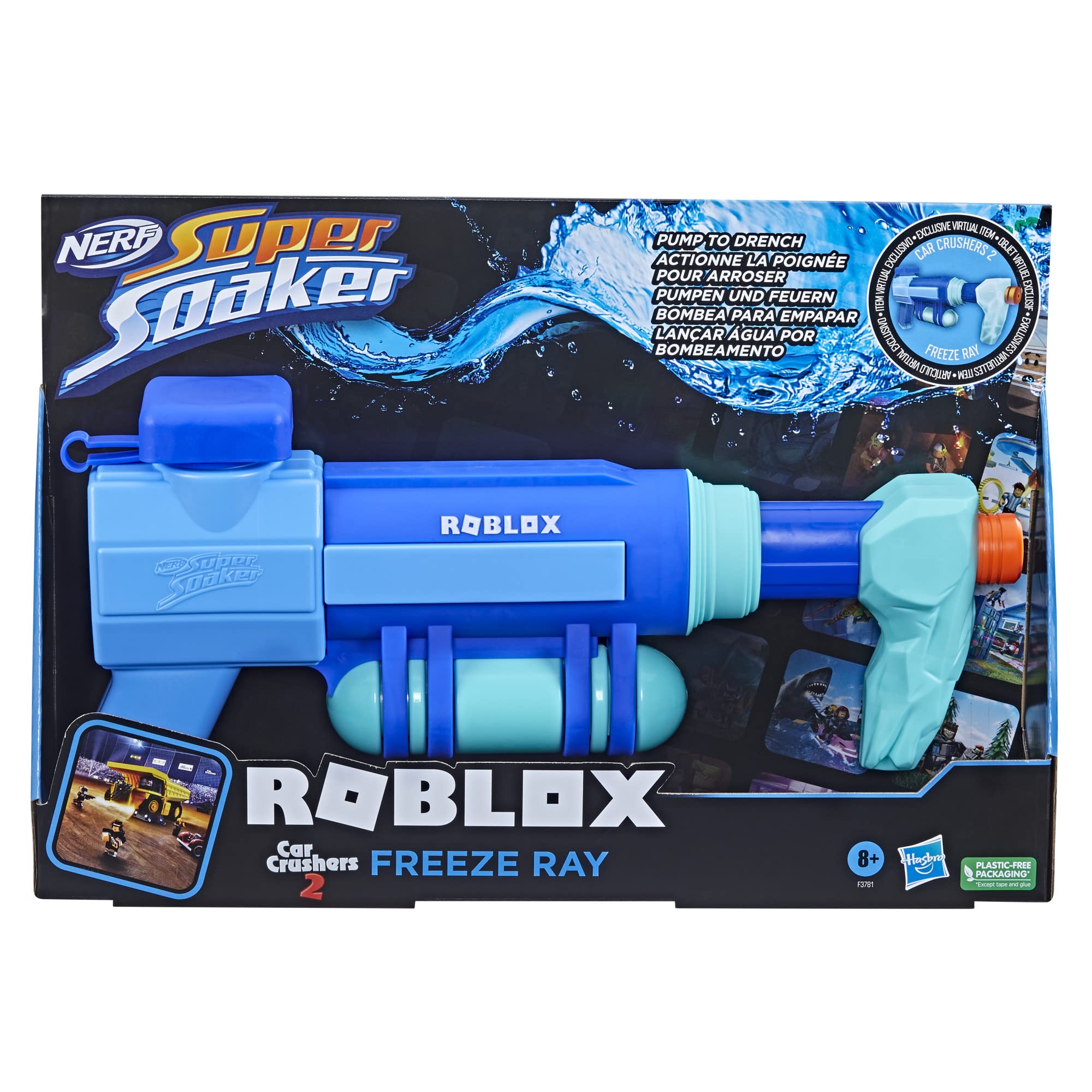 Super Soaker Nerf Roblox Car Crushers 2: Freeze Ray Water Blaster, Includes Code to Redeem Exclusive Virtual Item, Pump Action Soakage F3781 Multi-Coloured