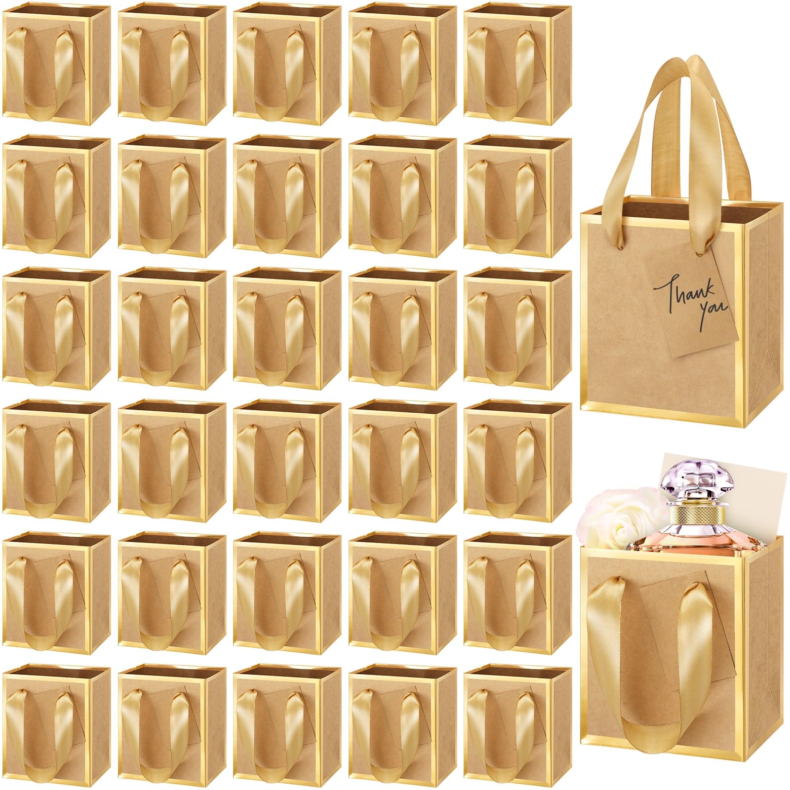 Photo 1 of Yeaqee 50 Pcs Mini Metallic Paper Gift Bags with Handles 4x2.75x4.5'' Tiny Small Gift Bags with Thank You Tag for Wedding Favor Mother's Day Graduation Birthday Welcome Return Gifts(Kraft, Gold)