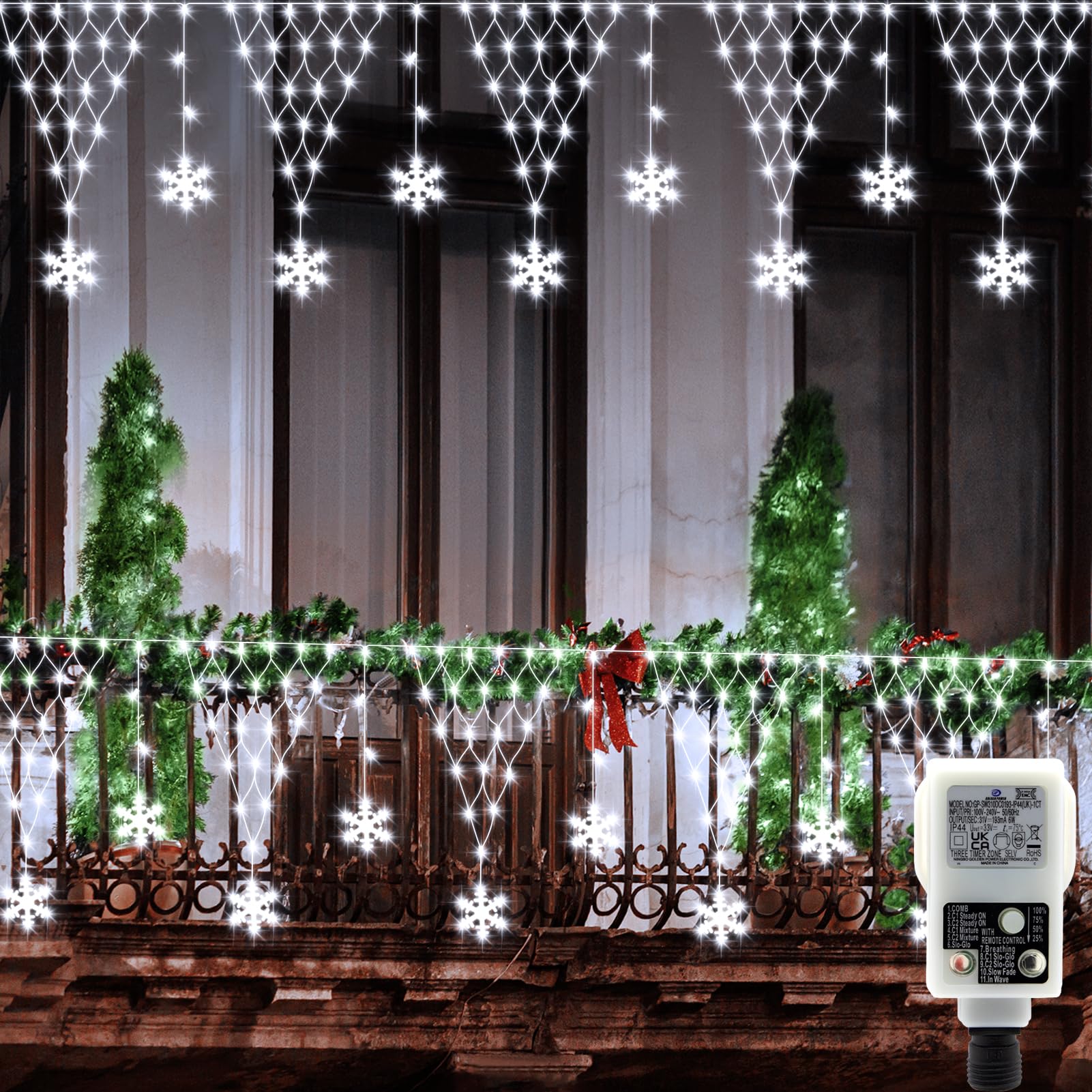 CCILAND Christmas Net Lights Mains Powered, 4M 207 LED Mesh Lights Plug in with Auto Timer 8 Modes Waterproof Net Light with 12 Drop Snowflake for Garden Patio Wedding Fence Decor - Cool White