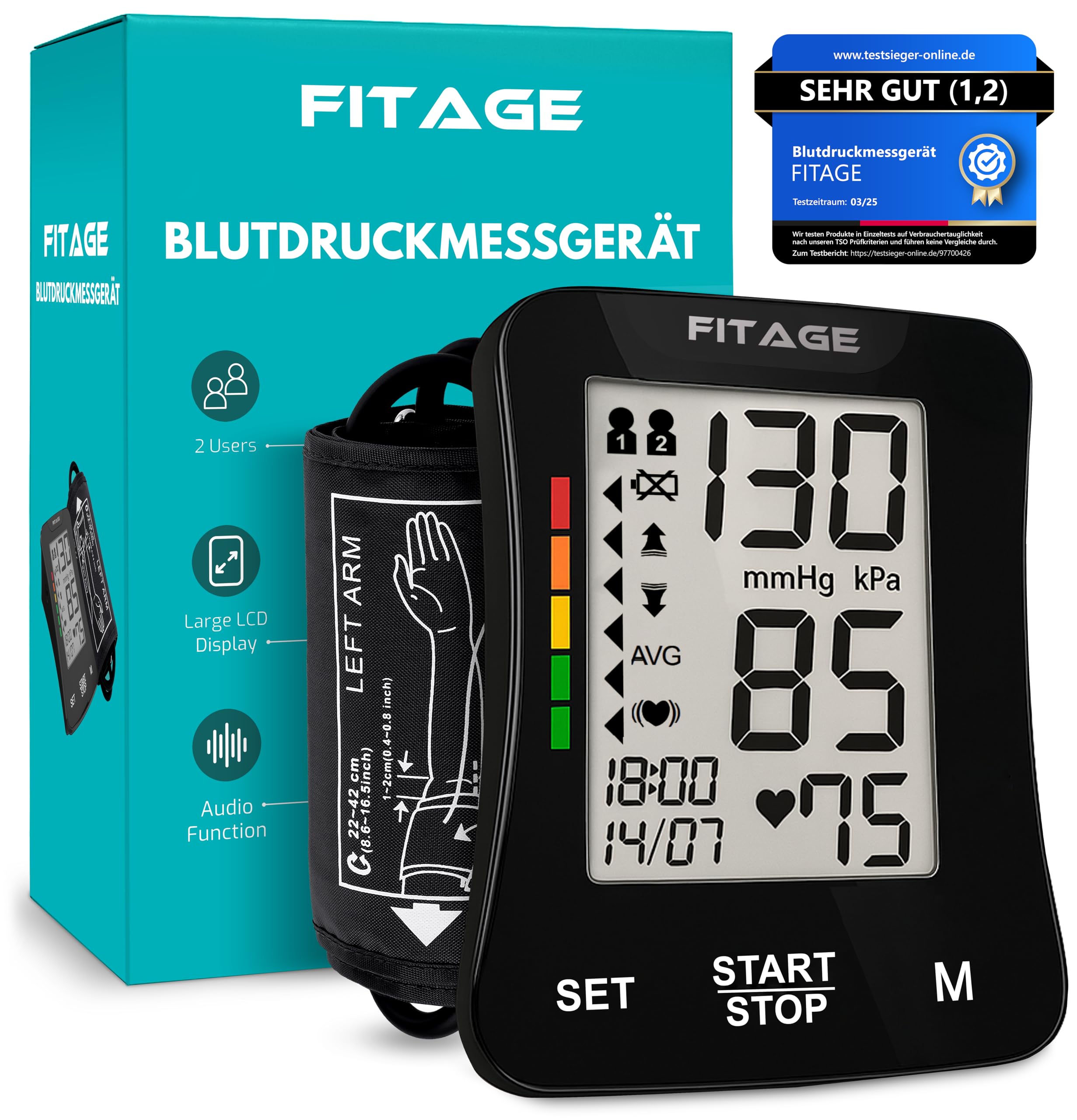 FITAGE Blutdruckmessgerät Oberarm Digital Blutdruck-Messgerät und Pulsmesser mit Speicherfunktion Manschettensitzkontrolle für Oberarmumfänge von 22-42 cm, Arrhythmie-Erkennung Blood Pressure Monitor