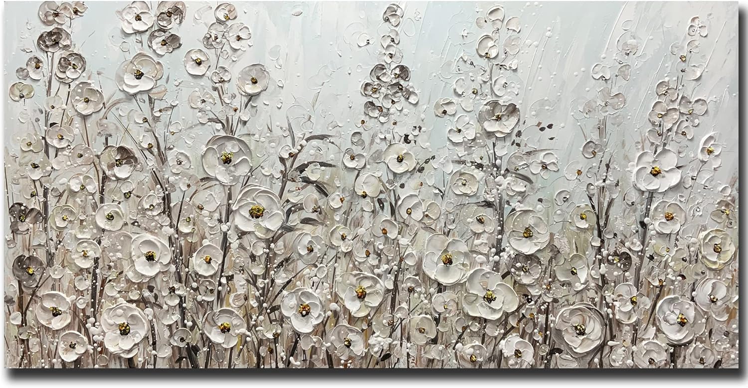 Paintings - Yotree 24x48 Inch Wall Art Hand-Painted Framed White Flowers Oil Painting On Canvas Gallery Wrapped Modern Floral Artwork for Living Room Bedroom Décor Ready to Hang