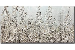 Yotree 24x48 Inch Wall Art Hand-Painted Framed White Flowers Oil Painting On Canvas Gallery Wrapped Modern Floral Artwork for Living Room Bedroom Décor Ready to Hang