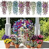 Autokcan 8 Pcs Artificial Hanging Flowers for Outdoors Fake Morning Glory for Home Decoration UV Resistant Mixed Color Greenery and Flowers for Porches Gardens Yard Decor (Cold Color)