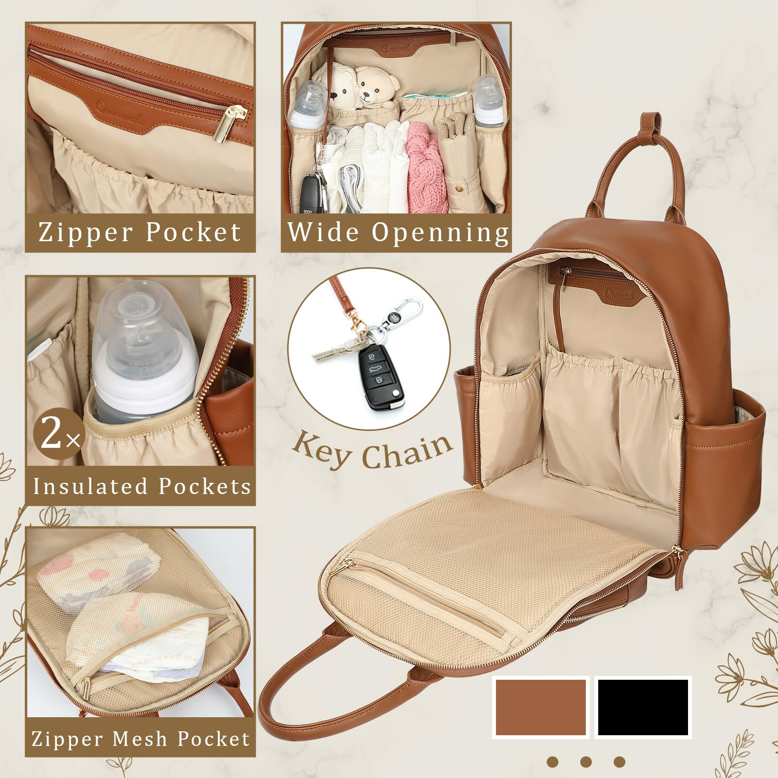 Diaper Bag Backpack,Leather Baby Bag with 16 Pockets,Large Travel Diaper Backpack,Baby Essential Organizer,4 Insulated Pockets,Changing Pad,Brown