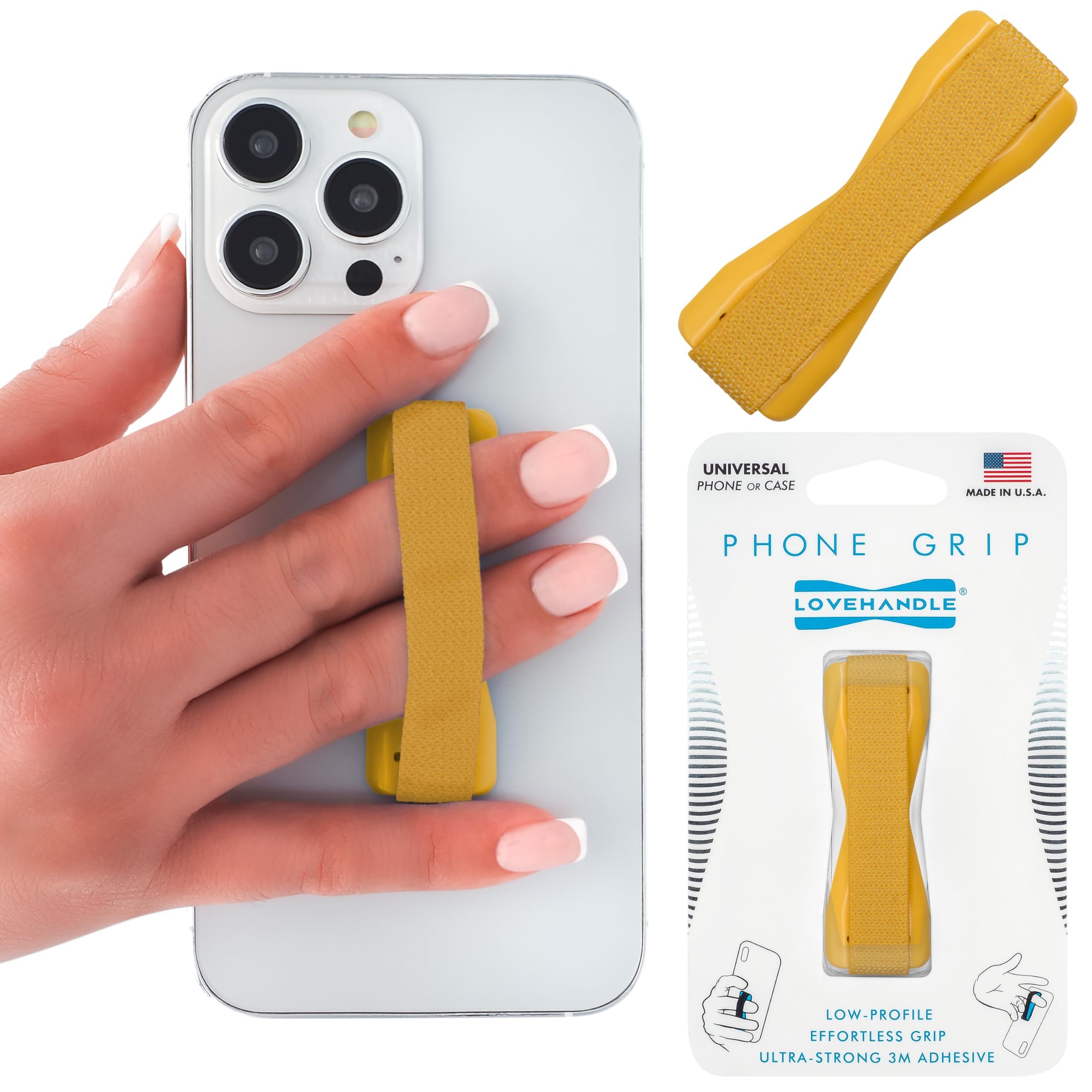 LOVEHANDLE Universal Phone Grip for Smartphones & Mini Tablets - Phone Holder for Hand - Wireless Charging Compatible - Made in The USA - Solid Goldenrod