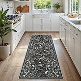 Runner Rug Washable Runners Kitchen Rugs Non Slip Neutral Floral Carpet Low Pile for Indoor Hallways Entryway Living Room Bedroom Laundry Soft Mat 2'6''x8' Black