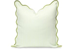 Hofdeco Premium Coastal Patio Indoor Outdoor Scalloped Throw Pillow Cover Only, 20"x20" Water Repellent for Backyard, Couch, Green Print Stripes