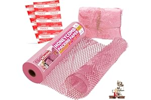 Pink Honeycomb Packing Paper for Moving 12-Inch x 66-Feet Bubble Honeycomb Wrap, Honeycomb Wrapping Paper for Packing Cushion with 20 Fragile Stickers Packing Supplies by XFasten