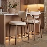 VASAGLE Wooden Bar Stools Set of 2, Linen-Look Fabric, Cappuccino Beige | Mid Century Modern, Linen-Look Fabric, Solid Wood Legs, Ergonomic Backrest, Beige, MAZIO Collection ULBC125L101