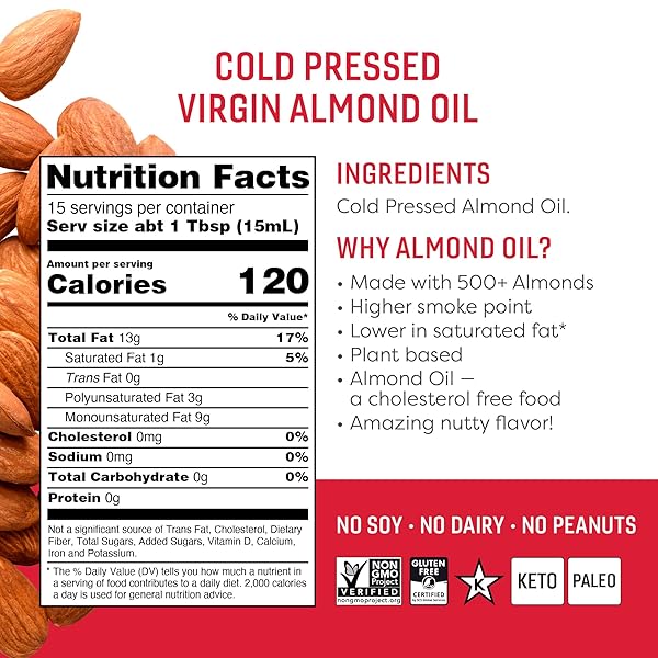 OCTONUTS COLD PRESSED ALMOND OIL, 8 OUNCE, MADE WITH CALIFORNIA ALMONDS, PLANT-BASED, KETO, PALEO FRIENDLY, VEGAN, GLUTEN FREE (ALMOND, 1- PACK)