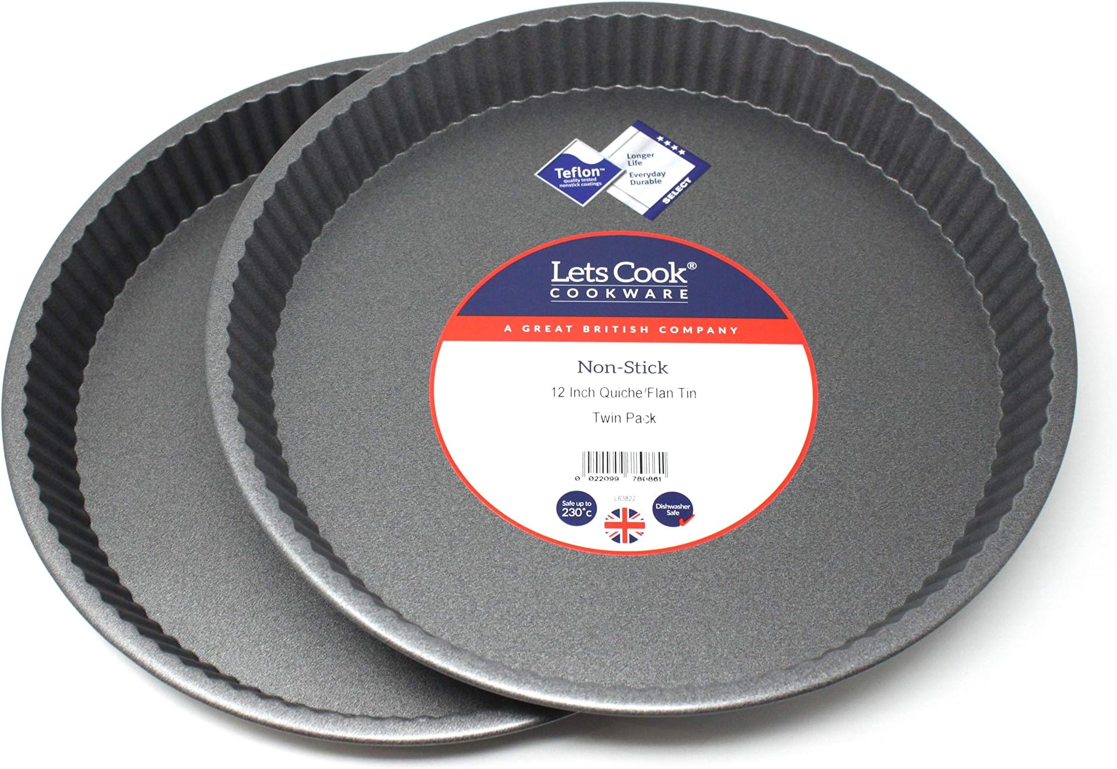 Quiche Flan & Tart Tin Extra Large, Twinpack, Wide Rimmed & Fluted with Endurance Non Stick