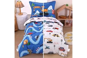 Wowelife Cars Toddler Bedding Sets for Boys, 4 Pieces Toddler Comforter Bed Set, Truck Vehicles Excavator Cars Printed All Season with Comforter, Flat Sheet, Fitted Sheet and Pillowcase, Blue White