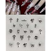 130pcs 3D Silver Goth Nail Charms Y2K Chrome Nails Art & DIY Punk Bracelet Accessories, Vintage Alloy Cross Butterfly Heart Skull Acrylic Charm for Women Nails, Metal Necklace Supplies