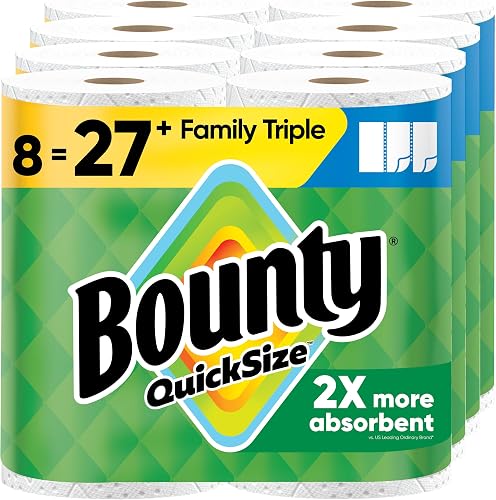 Bounty Paper Towels Quick-Size, White, 8 Family Triple Rolls = 27 Regular Rolls