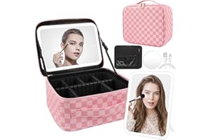 PEEH Makeup Bag with Lighted Mirror, Travel Make up Train Case with Adjustable Brightness Vanity Mirror and Detachable 10x Magnifying Mirror, PU Lether Cosmetics Organizer for Women (Pink Plaid)