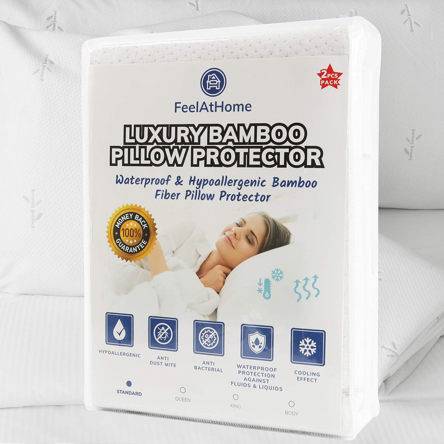 Feelathome 100 Cotton Waterproof Zip Pillow Protector Covers Body
