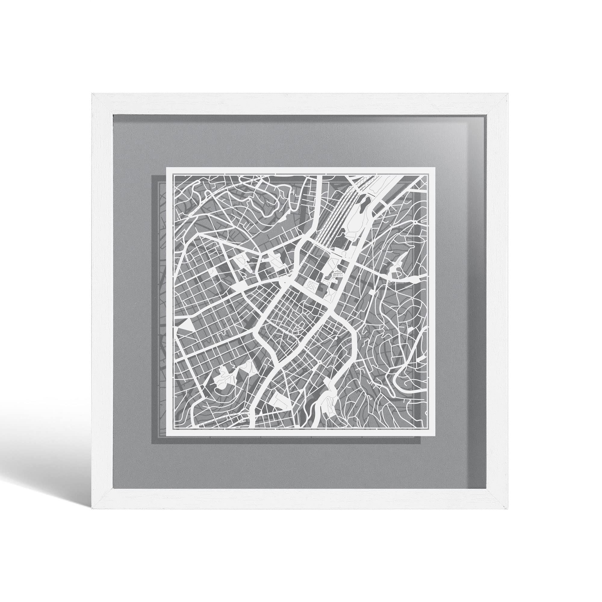 O3 DESIGN STUDIO Stuttgart Paper Cut Map framed, White map, White frame, 9x9 inches, Gift Boxed, 4 background color, self-changing, Paper Art