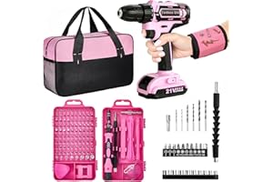 HUAKAYO Pink Cordless Drill Set 142 Pcs, 21V Pink Power Drill Tool Set Kit with Storage Bag, Electric Drill Set for Women, Precision Screwdriver set, Magnetic Wristband, for Home DIY Projects
