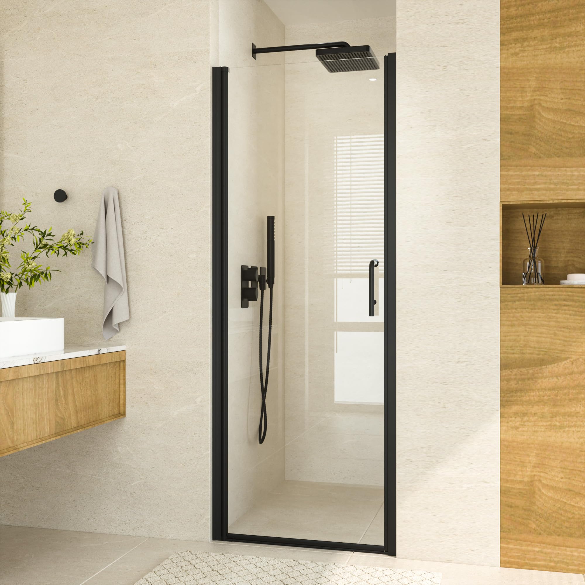 Photo 1 of Keonjinn 28" W x 72" H Frameless Glass Shower Door, 1/4" Clear SGCC Tempered Glass Pivot Swing Shower Doors, Black Bathroom Walk in Shower Door with Waterproof Nano-Coating Seals, Reversible Mount
