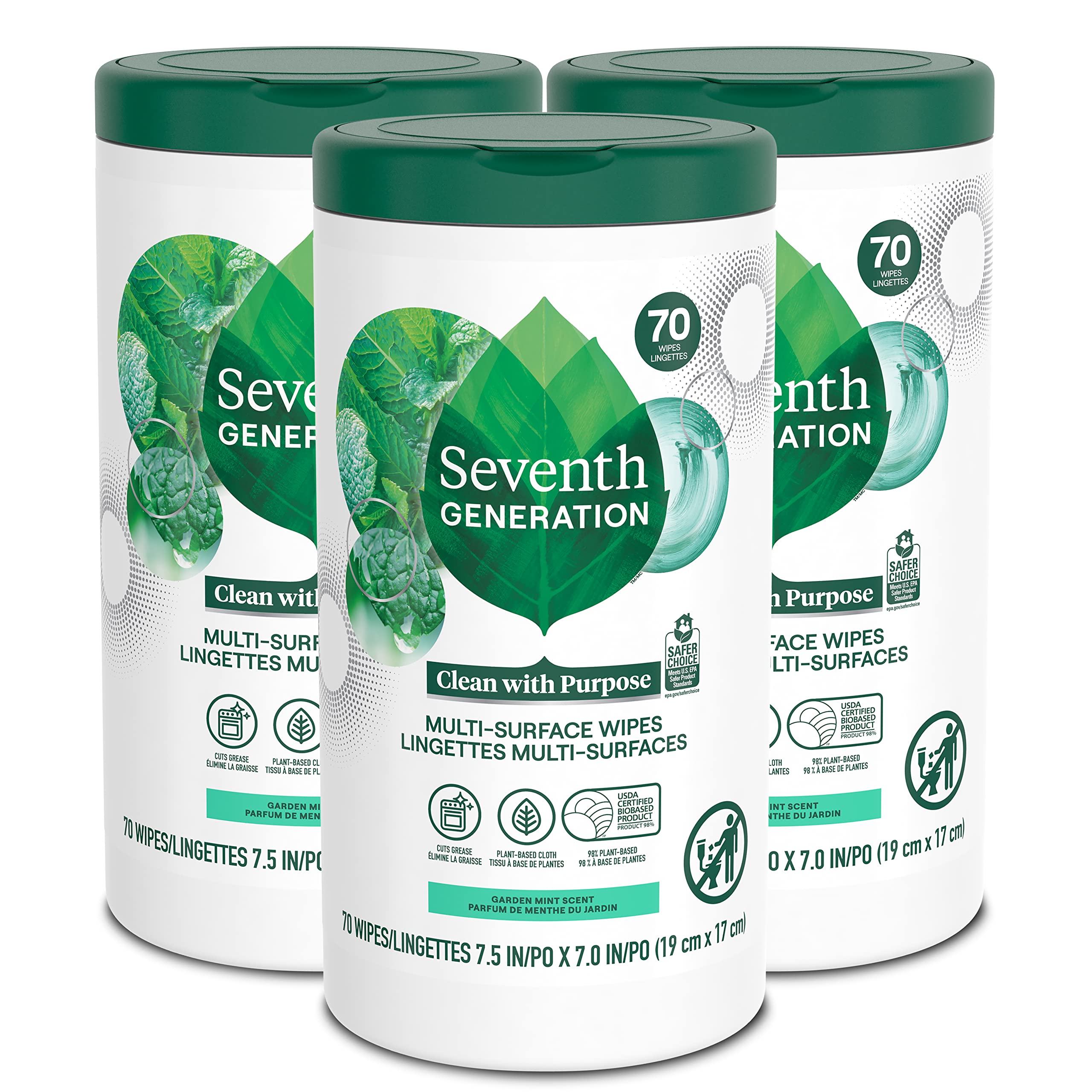 Photo 1 of Seventh Generation Multi Purpose Wipes All Purpose Cleaning Garden Mint scent with 100% Essential Oils and Botanical Ingredients 70 count, Pack of 3