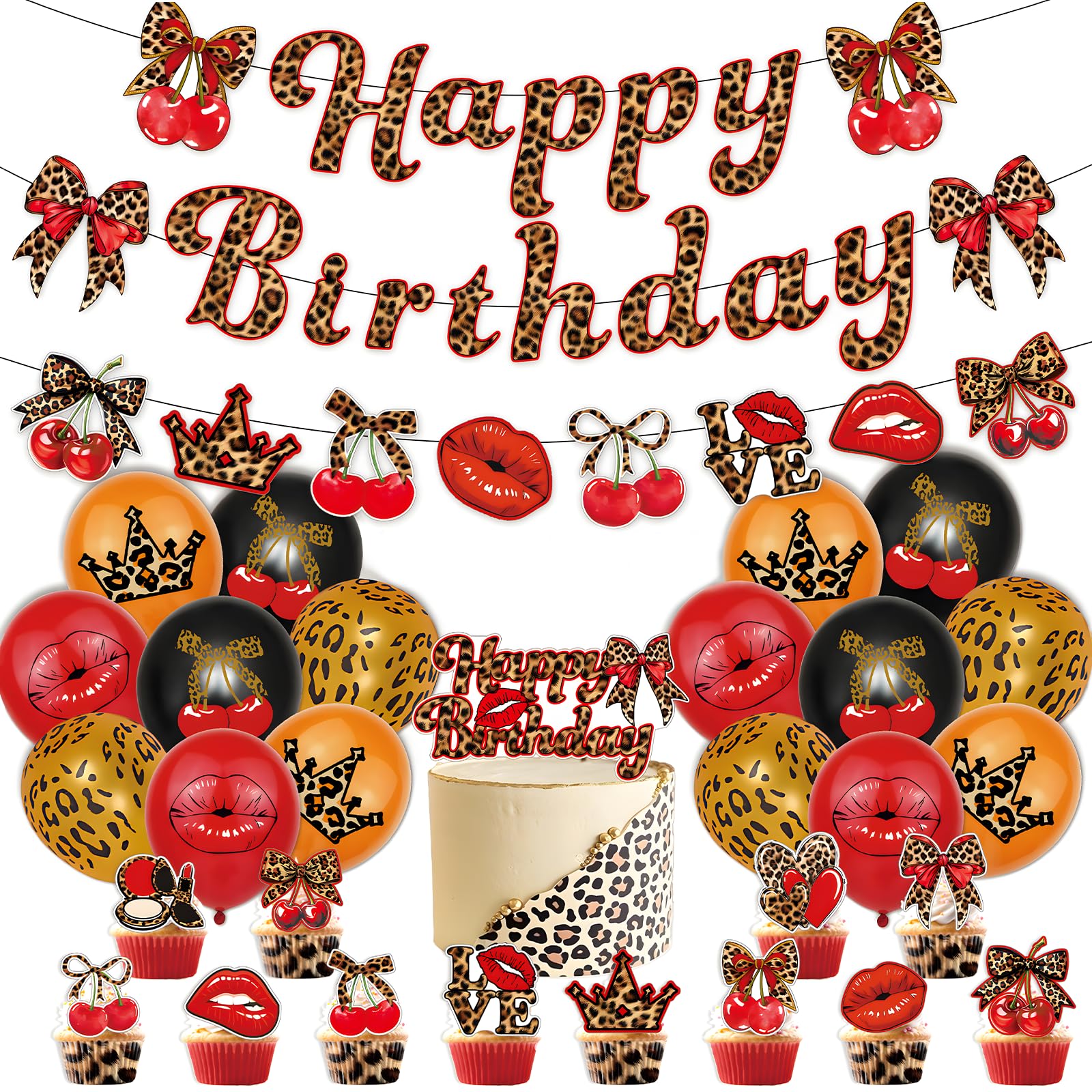 32 Pcs Leopard Print Birthday Decorations Set, Cherry & Lip Leopard Print Balloons, Happy Birthday Banners, Cake Toppers, Cheetah Party Supplies for Women Girls