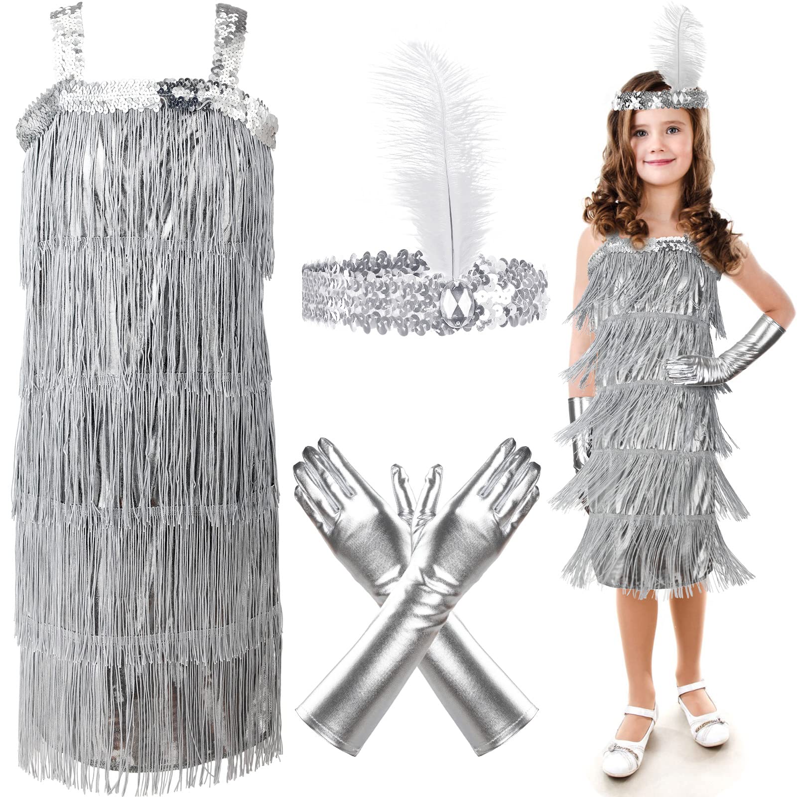 Photo 1 of 4 Pieces Girl's 20s Flapper Dresses Costume Set Feather Headband Fringed Dresses Gloves for Halloween Party (Silver, Medium)