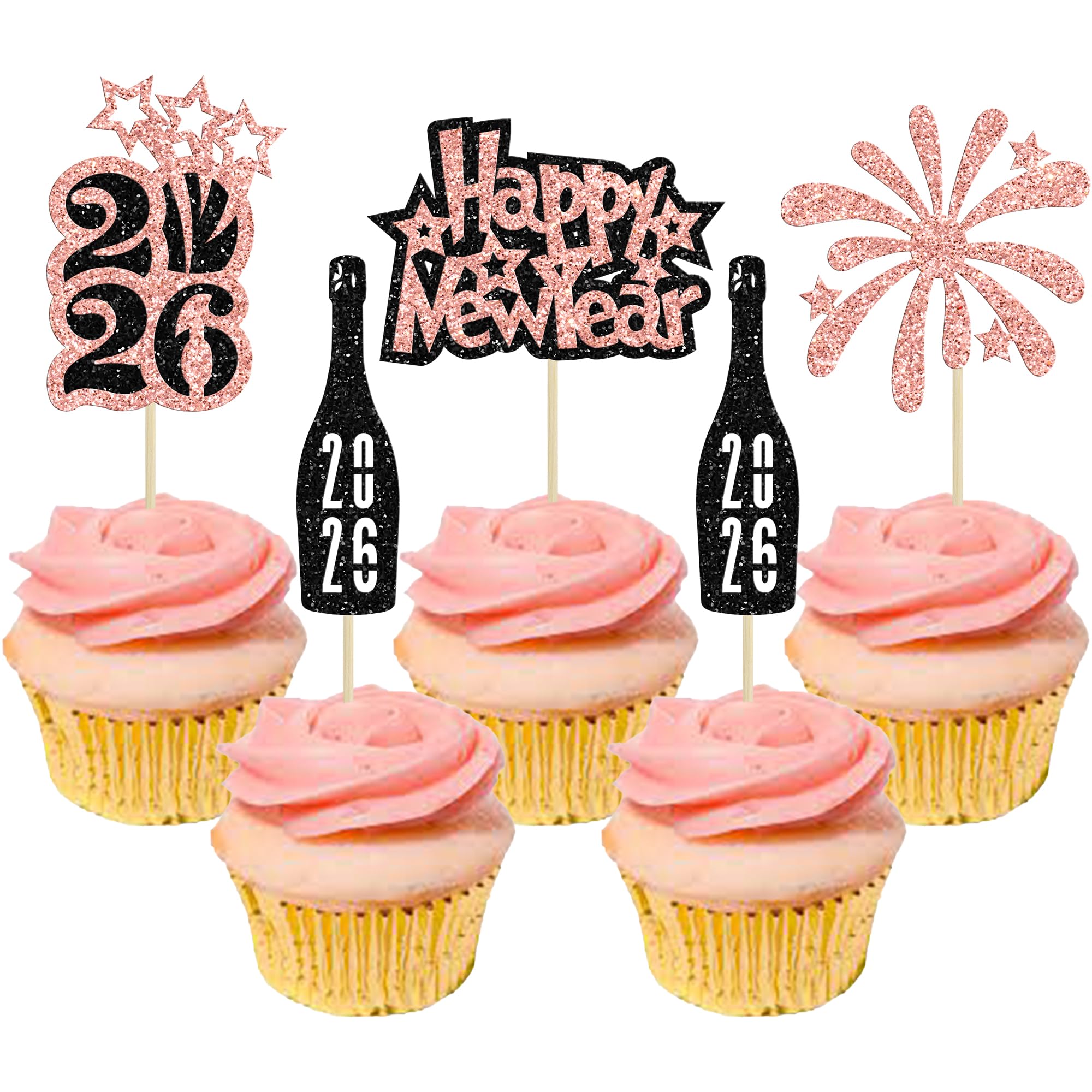 Gyufise 24Pcs Happy New year Cupcake Toppers 2026 Happy New Year Party Decorations Rose Gold Black Glitter Firework 2026 Cupcake topper Cheers to 2026 Cake Picks for New Year Eve Party Supplies