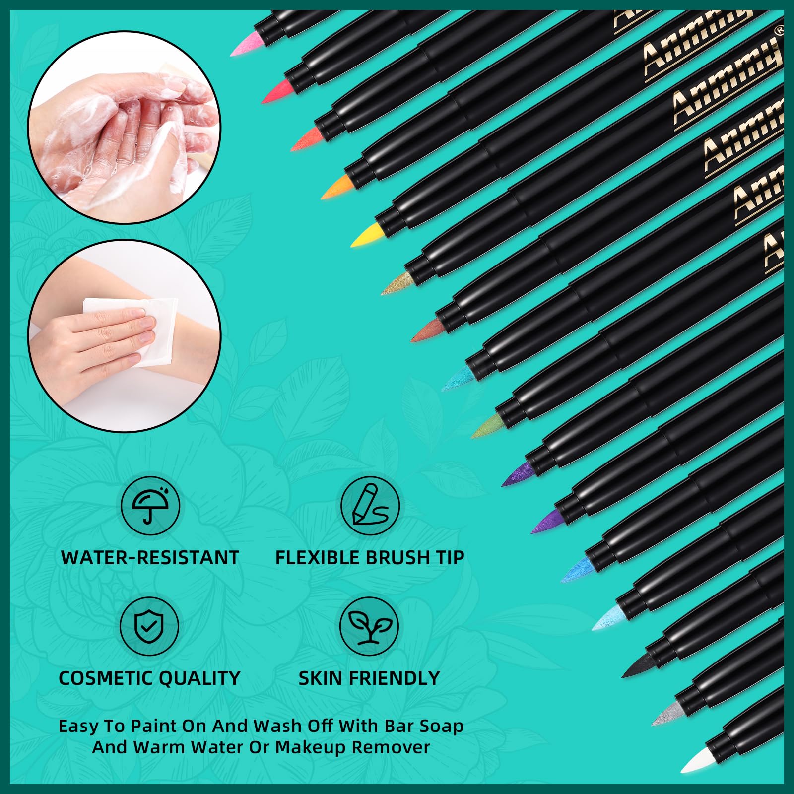 Temporary Tattoo Markers for Skin, 16-Count Body Markers+77 Large Tattoo Stencils of Assorted Colors for kids and Adults, Flexible Brush Tip, Bright colors, Skin-Safe*, Cosmetic-Grade.