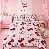 Feelyou Girls Pink Cherry Bow Bedding Set Full Size Cute Silk Ribbon Bowknot Comforter Princess Girly Bow Tie Comforter Set Soft Microfiber