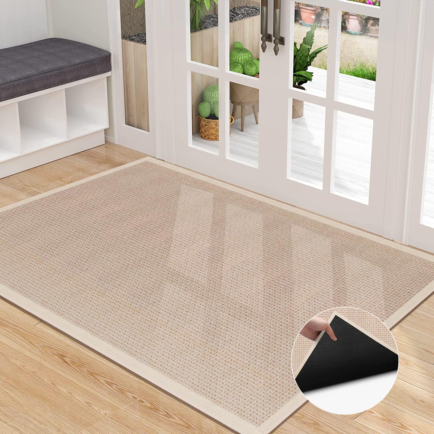 Rugs, Pads & Protectors - Indoor Door Mat Rug Non Slip, Washable Entry Way Rug, Long Outdoor Waterproof, Entryway Front Rubber Entrance, Low Profile Doormat Beige