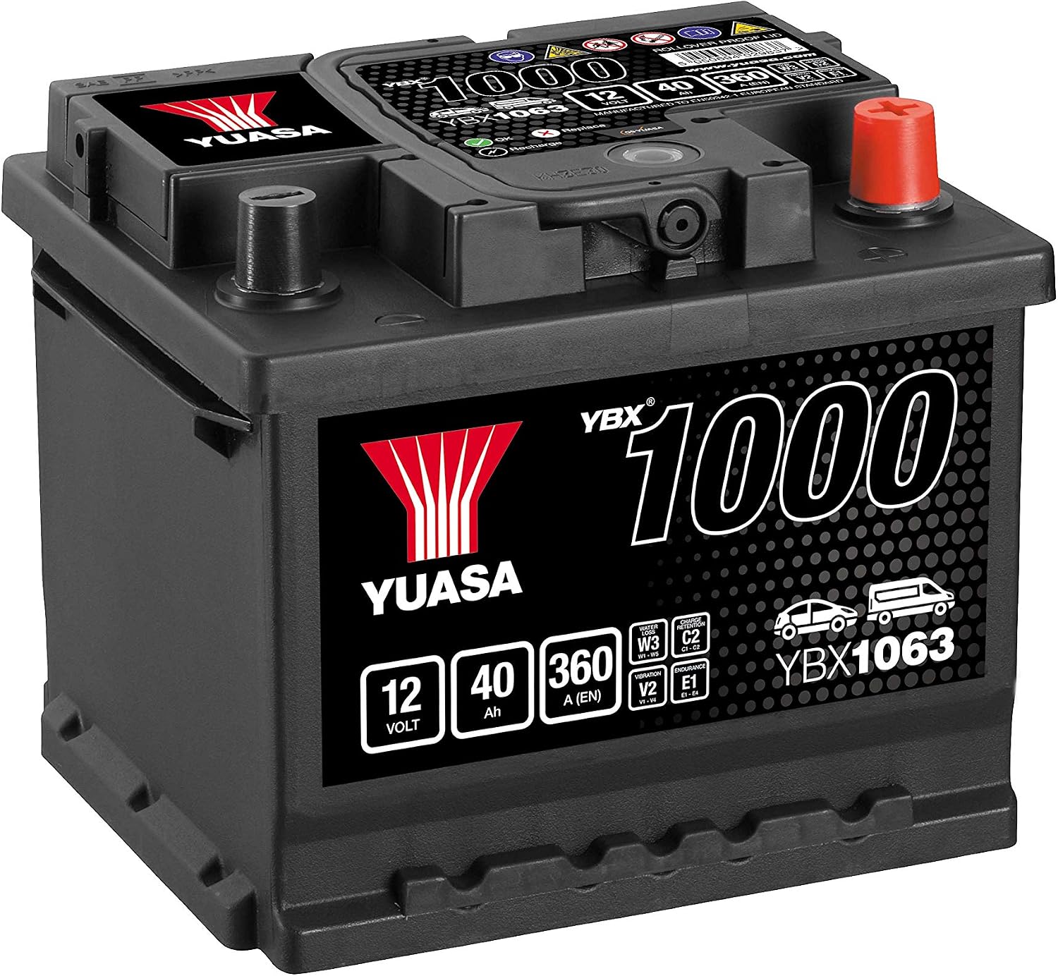 Yuasa YBX1063 12V 40Ah 350CCA Sealed Maintenance Free High Performance Car Battery, 207 mm x 175 mm x 175 mm