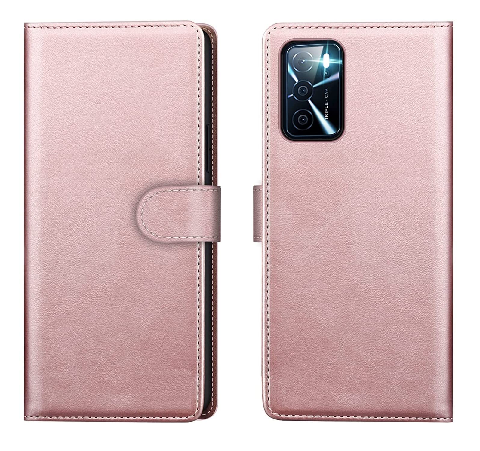 NWNK13 For Oppo A16S / A54S / A16 Case Leather Wallet Book Flip Stand View Phone Cover with Card Holder Slots Compatible with Oppo A16s (Rose Gold)