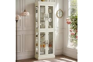 CKEASEAN Lighted Curio Cabinet 71" Vintage Glass Display Case with Adjustable Shelves, 4 Tempered Glass Doors, Bulb Included, Wooden Wine Bar China Cabinet for Living Room Liquor Storage (Antique White)