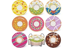 DOTZSO 8 Pcs Donut Diamond Painting Coasters with Holder, Diamond Art Coasters for Beginners, Adults & Beginner Diamond Art Kits for Adults, Craft Supplies Diamond Art Coasters Adults Diamond Art Coasters
