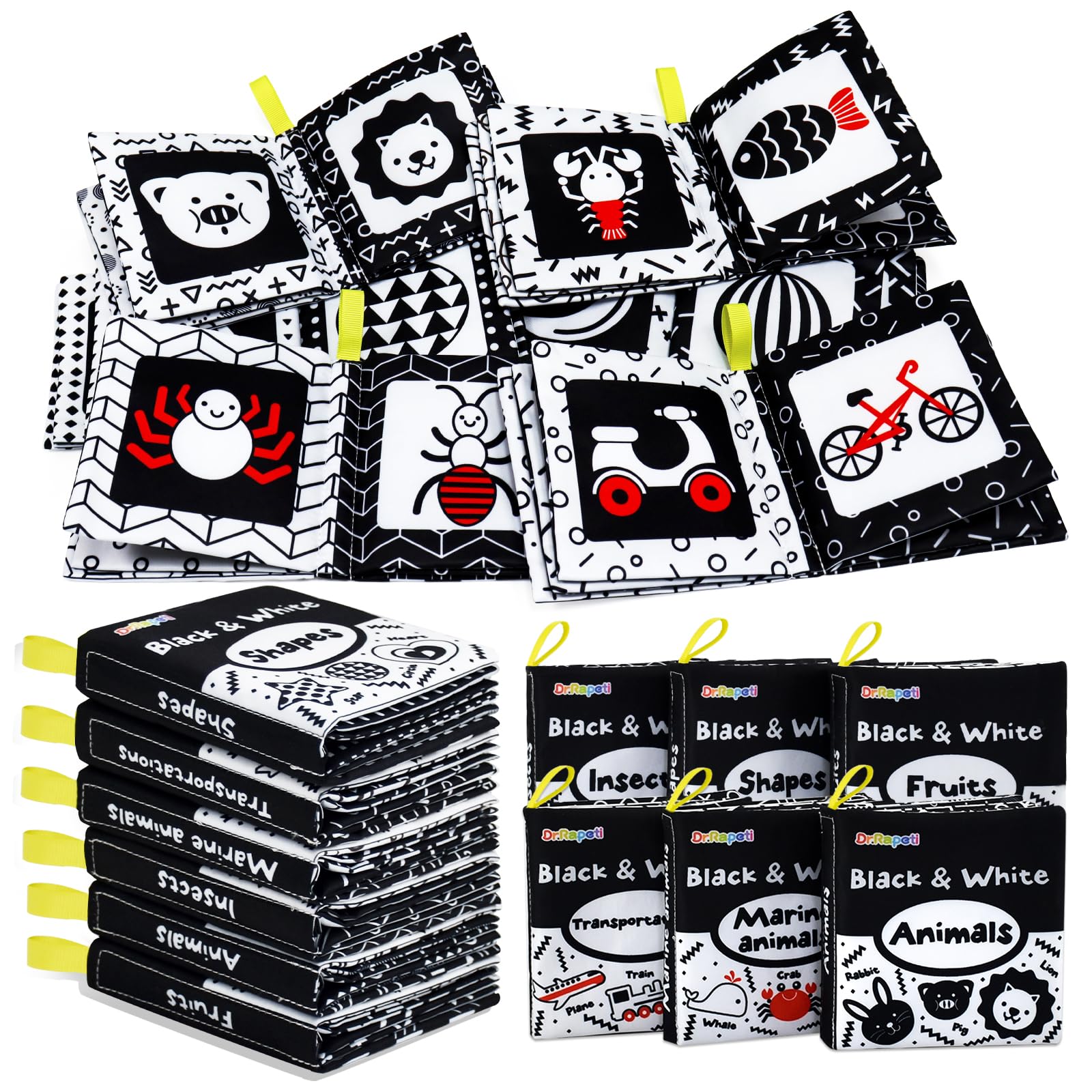 Photo 1 of Dr.Rapeti Soft Cloth Books Baby Books Bath Books 6-Pack for Baby Infant Toddler Kids High Contrast Black and White Crinkle Washable Chewable Non-Toxic Early Educational Giftable