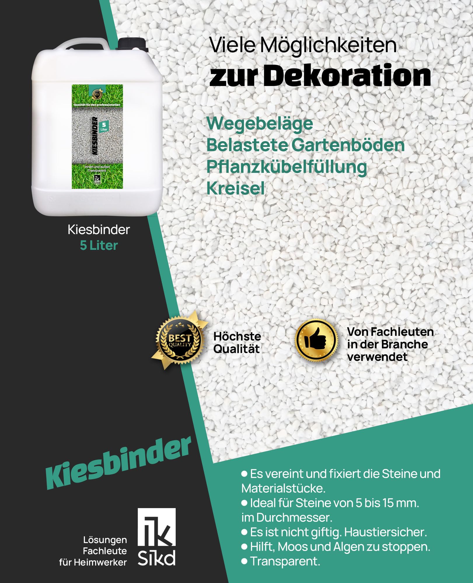 Bindemittel für Kieselsteine 5L. Perfekt zum Kieselsteine kleben oder als Kieskleber für Wege und Gärten. Kiesbinder farblos. Nassoptik. 3