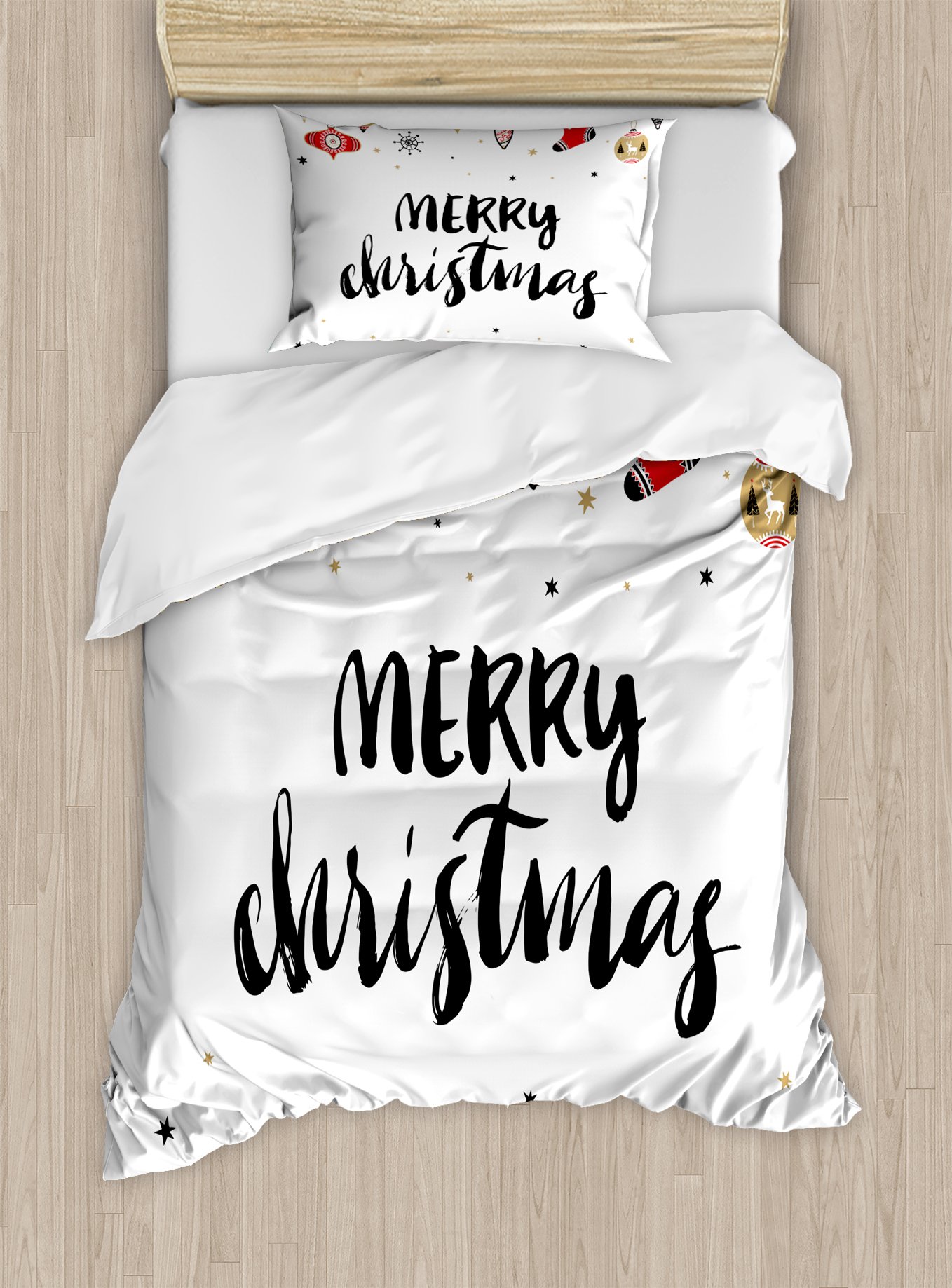 Ambesonne Christmas Duvet Cover Set, Merry Xmas Words Modern Brush Lettering Creative Noel Phrase In