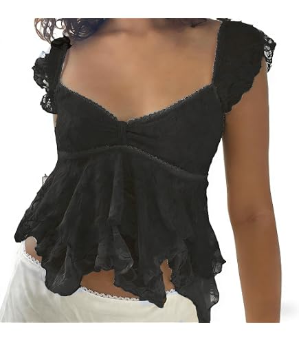 HOXIJIA Women Y2K Floral Lace Tank Top Sexy V Neck Sheer Mesh See
