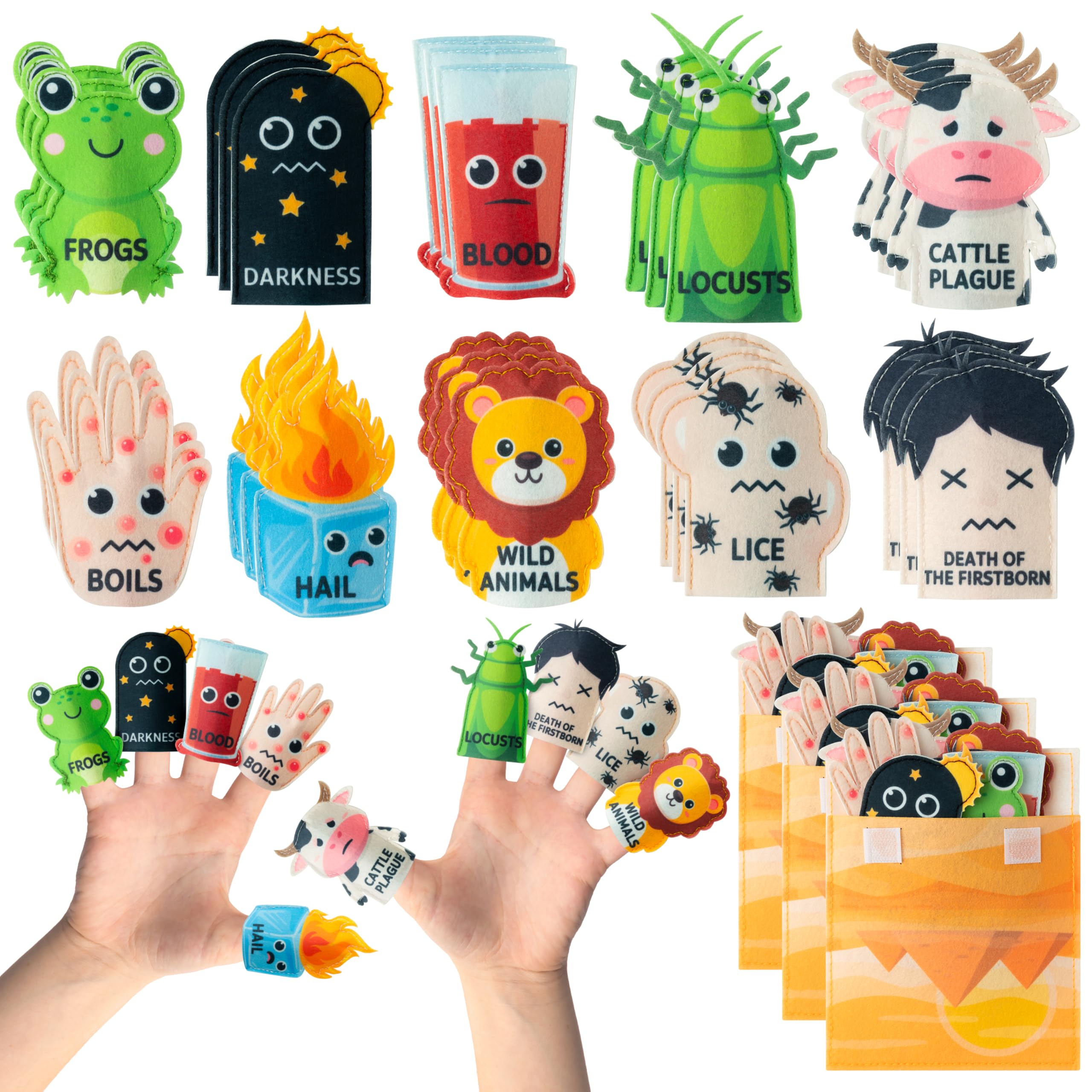 WATINC Passover Felt Finger Puppets - 33Pcs Passover Storytelling Role Play Finger Puppet with Scenario Bags Set, Party Favors Supplies School Fun Story Activities Kids Early Education (Plagues)