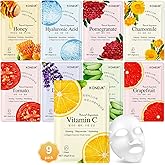 KONEUK 9 Pack Collagen Face Masks Skincare for Women, Hydrating Sheet Face Masks Suitable for All Skin Types, Bulk Facial Mas