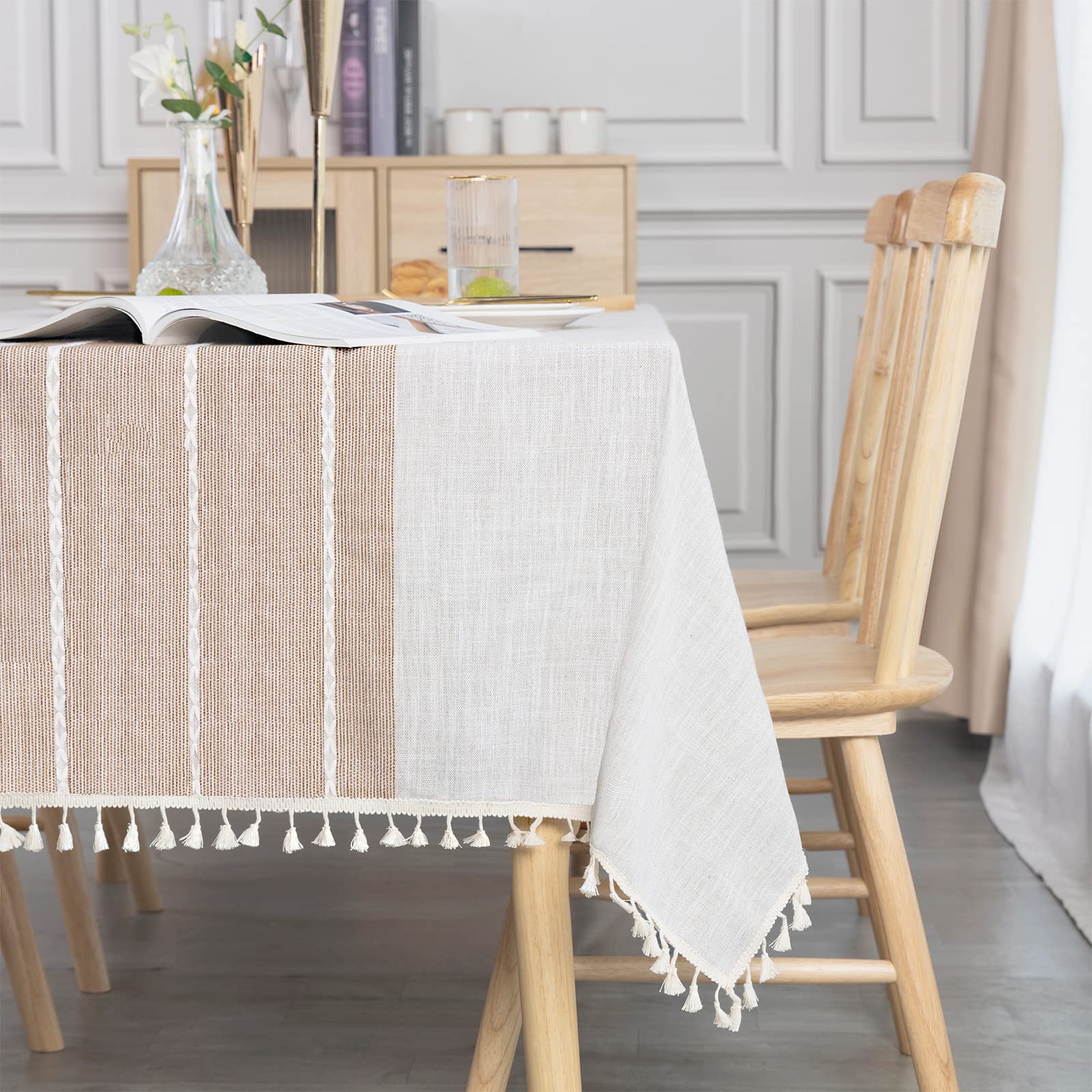 SUNBEAUTY Beige Table Cloth Rectangular Cotton Linen 140x220 Wipe Clean Tablecloth Table Cover with Tassel for Kitchen Dining Table Decorations - 55x86 inch